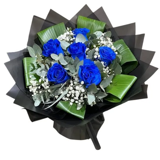 Ramo de 6 rosas azules con papel coreano y brillo